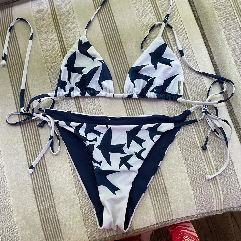 Mara Hoffman Navy and White String Bikini